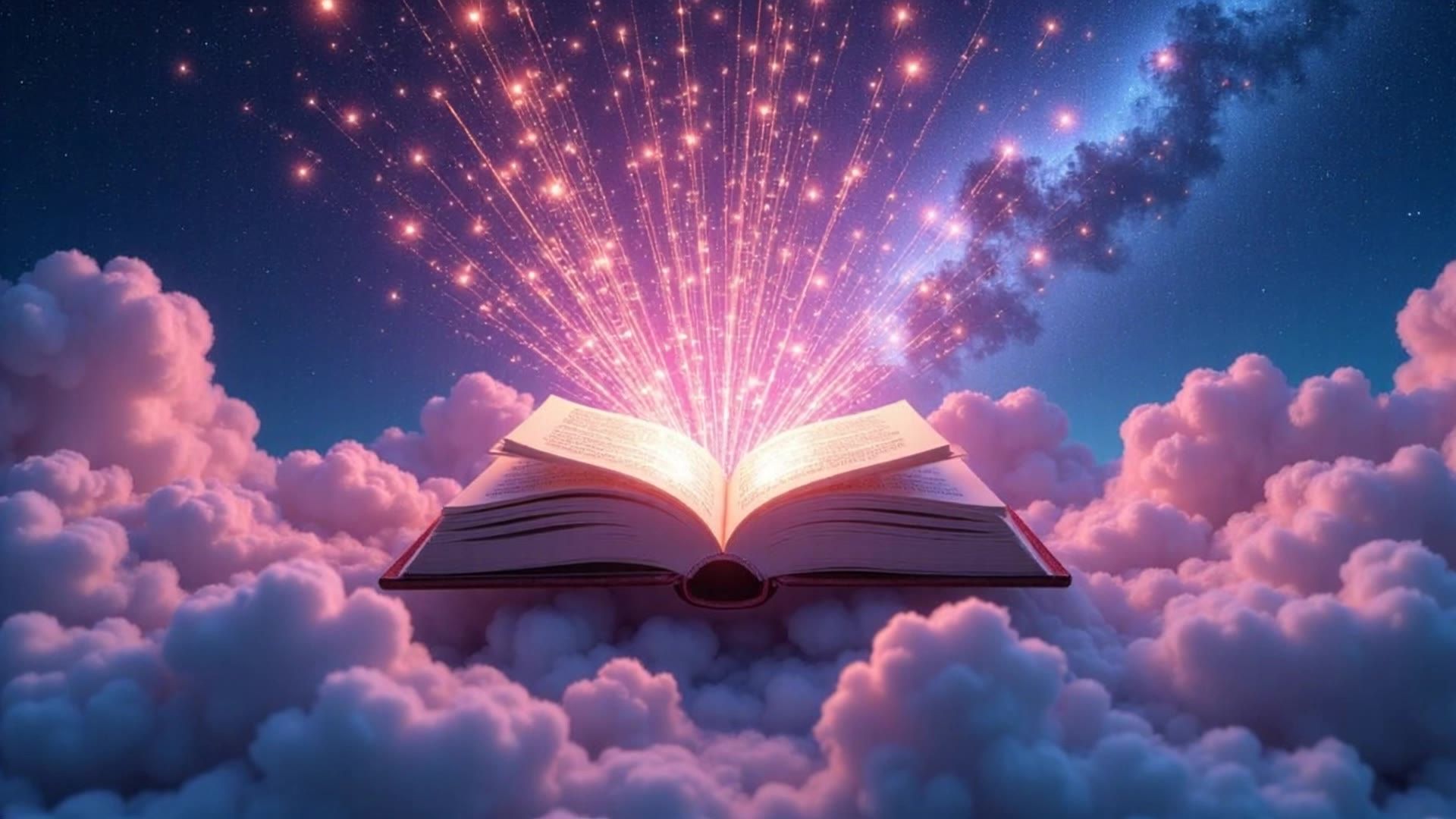 An open book floating among pink clouds with sparkling lights bursting from its pages into the starry night sky