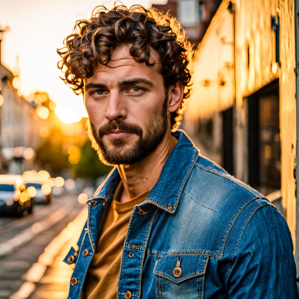 Portrait of a man with short curly hair and a beard, wearing a denim jacket in golden hour light, urban background, soft focus, calm expression