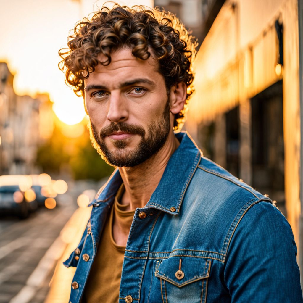 Portrait of a man with short curly hair and a beard, wearing a denim jacket in golden hour light, urban background, soft focus, calm expression