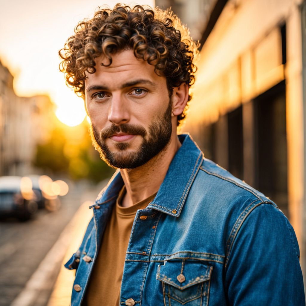 Portrait of a man with short curly hair and a beard, wearing a denim jacket in golden hour light, urban background, soft focus, calm expression