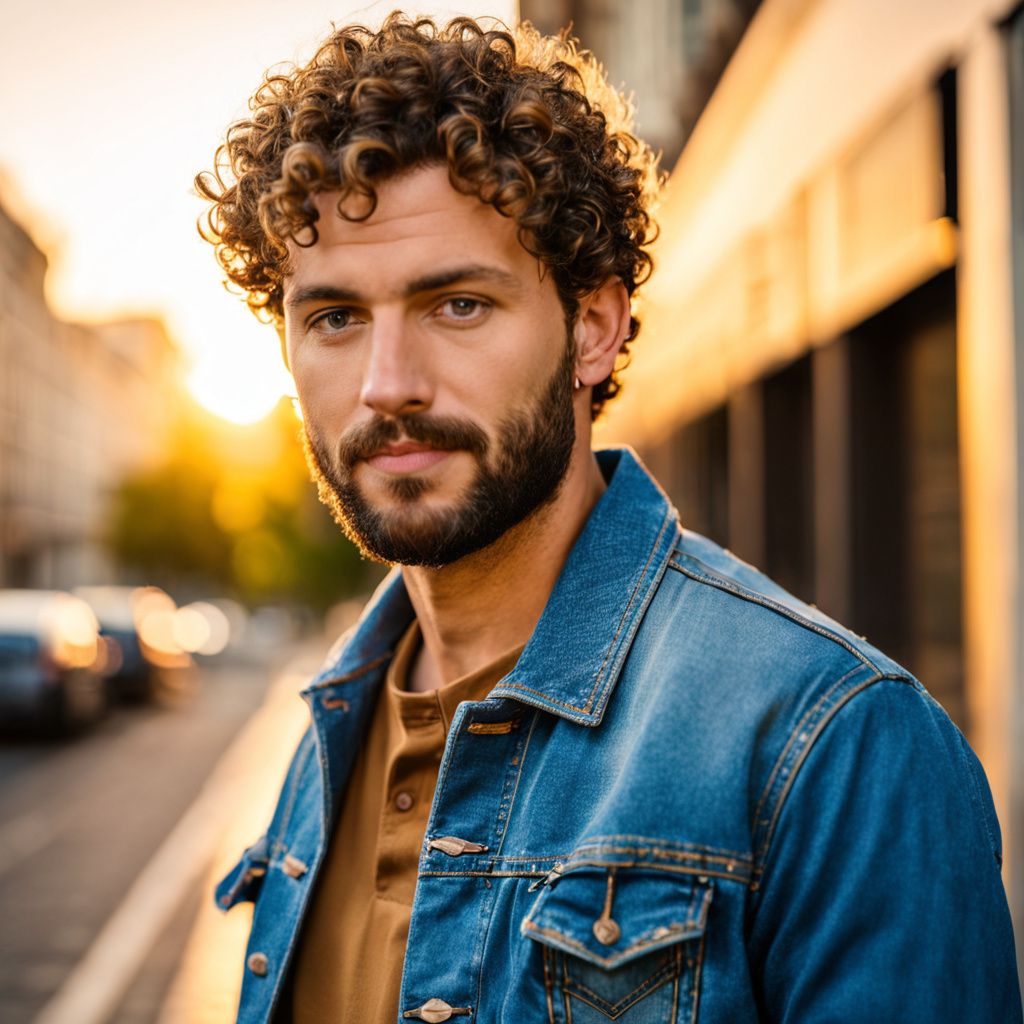 Portrait of a man with short curly hair and a beard, wearing a denim jacket in golden hour light, urban background, soft focus, calm expression