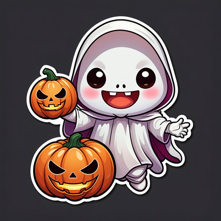 chibi ghost floating while holding a pumpkin lantern