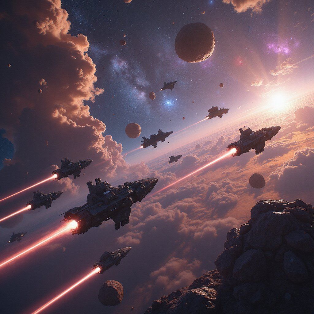 A massive sci-fi space battle with starships firing lasers across a backdrop of colorful nebulae, asteroids drifting between the chaos