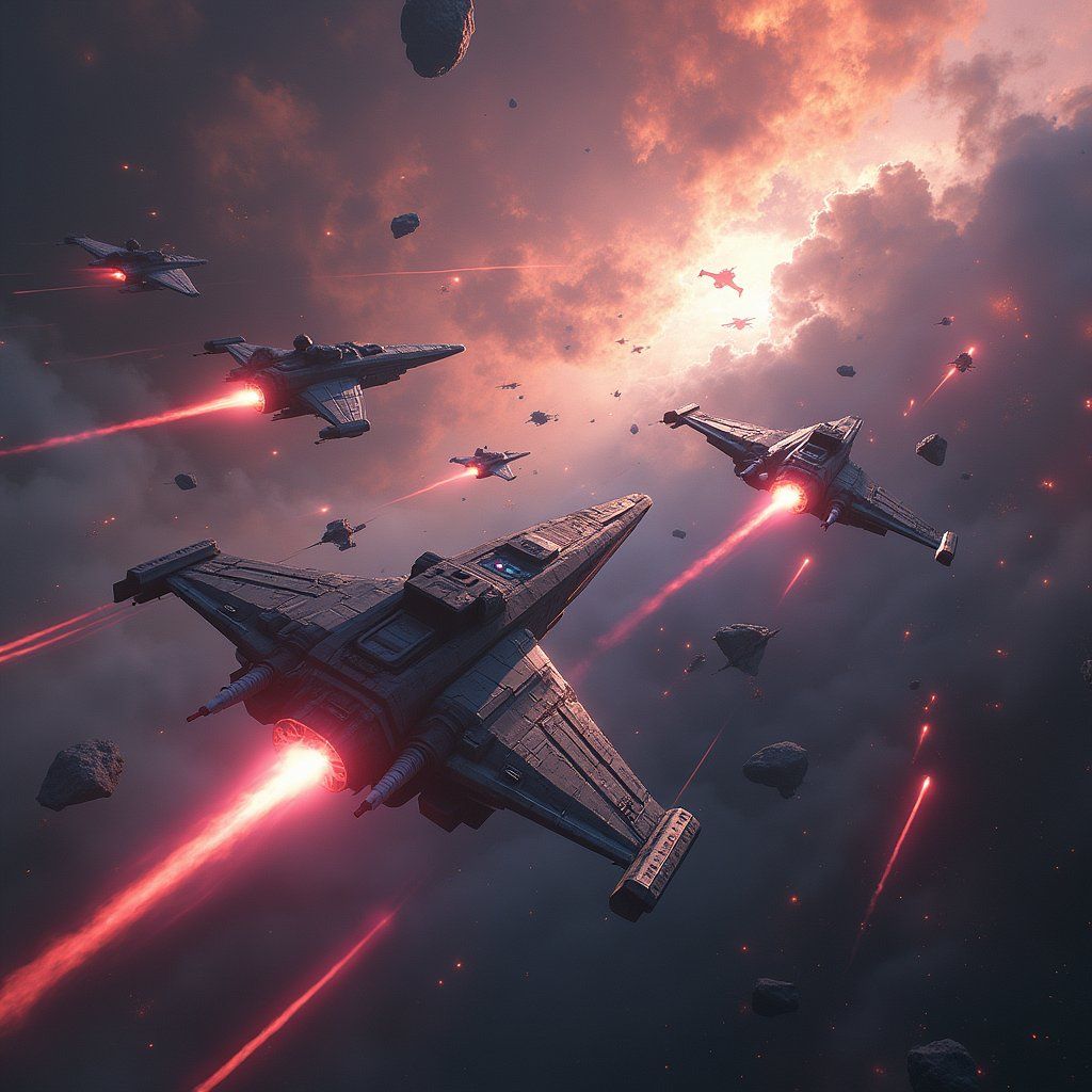 A massive sci-fi space battle with starships firing lasers across a backdrop of colorful nebulae, asteroids drifting between the chaos