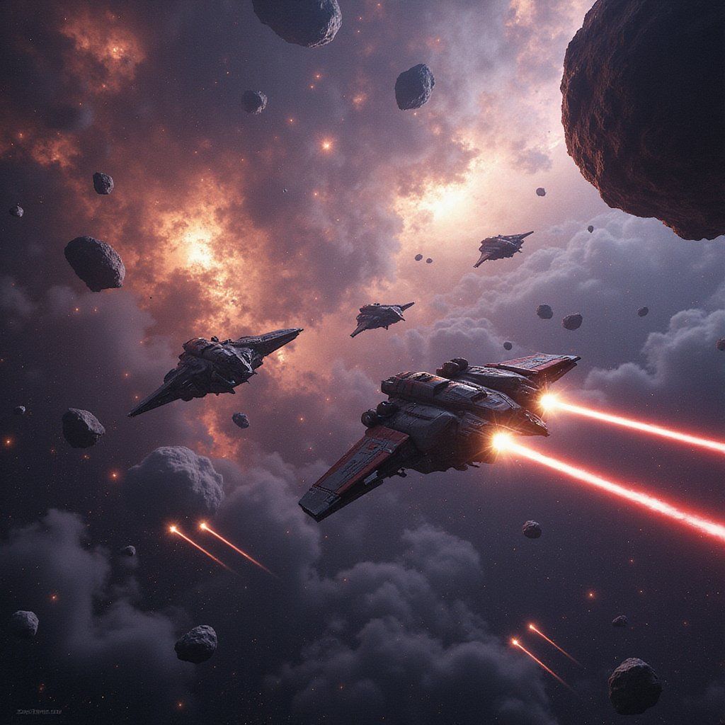 A massive sci-fi space battle with starships firing lasers across a backdrop of colorful nebulae, asteroids drifting between the chaos