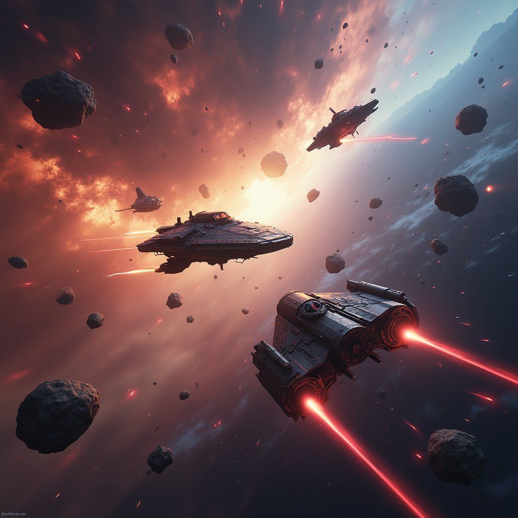 A massive sci-fi space battle with starships firing lasers across a backdrop of colorful nebulae, asteroids drifting between the chaos