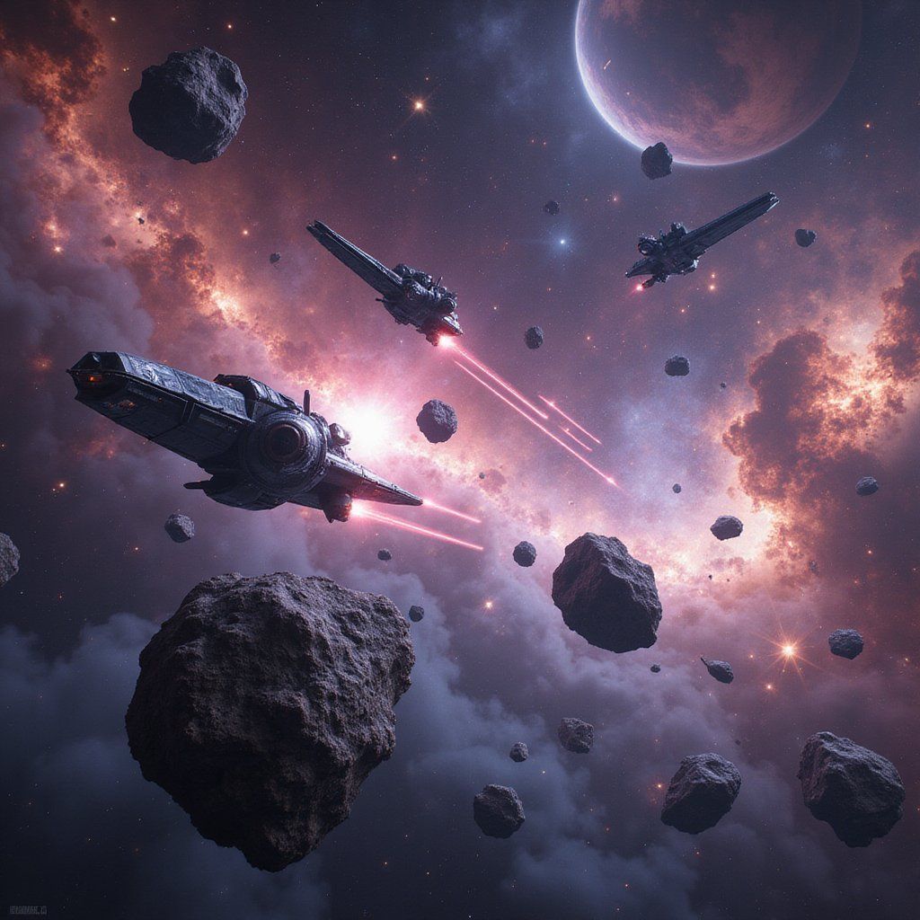 A massive sci-fi space battle with starships firing lasers across a backdrop of colorful nebulae, asteroids drifting between the chaos