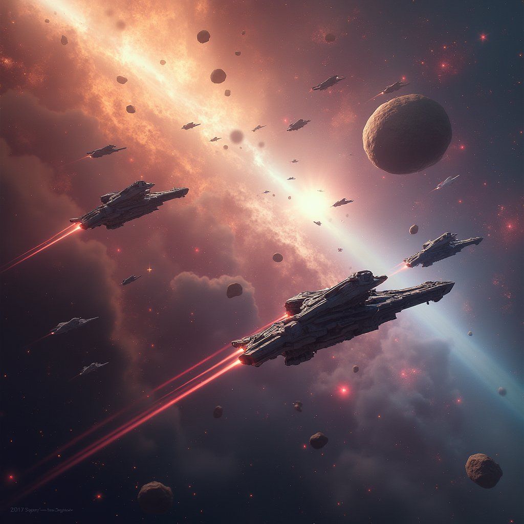 A massive sci-fi space battle with starships firing lasers across a backdrop of colorful nebulae, asteroids drifting between the chaos
