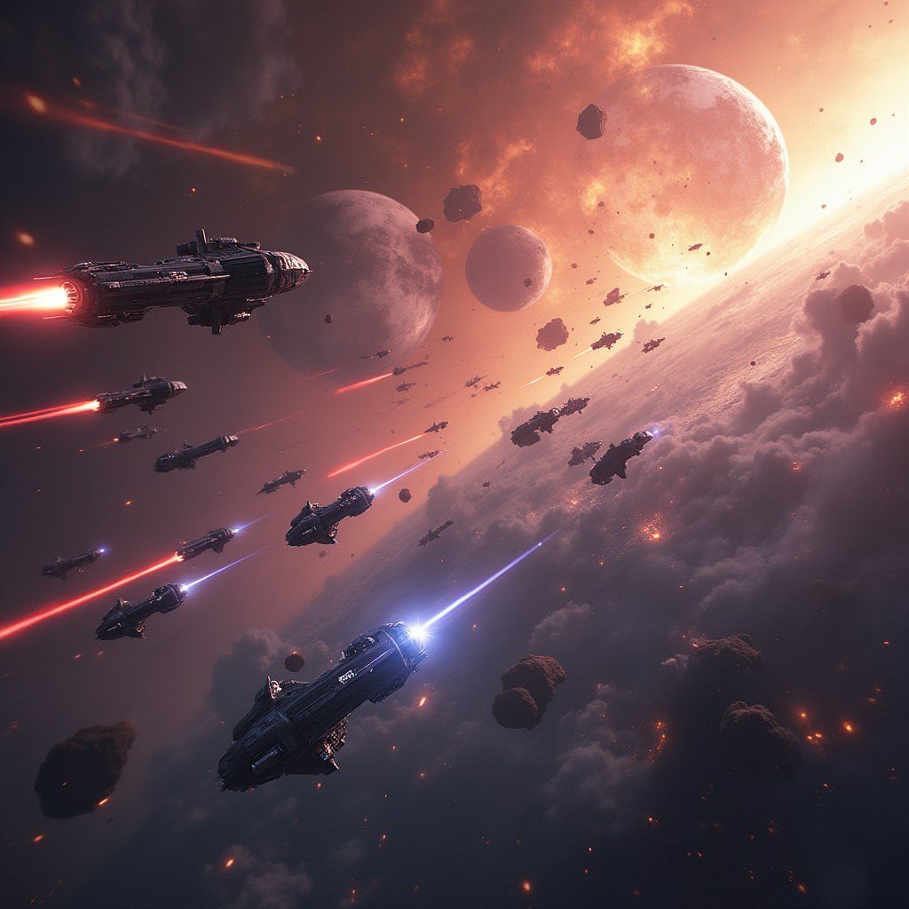 A massive sci-fi space battle with starships firing lasers across a backdrop of colorful nebulae, asteroids drifting between the chaos