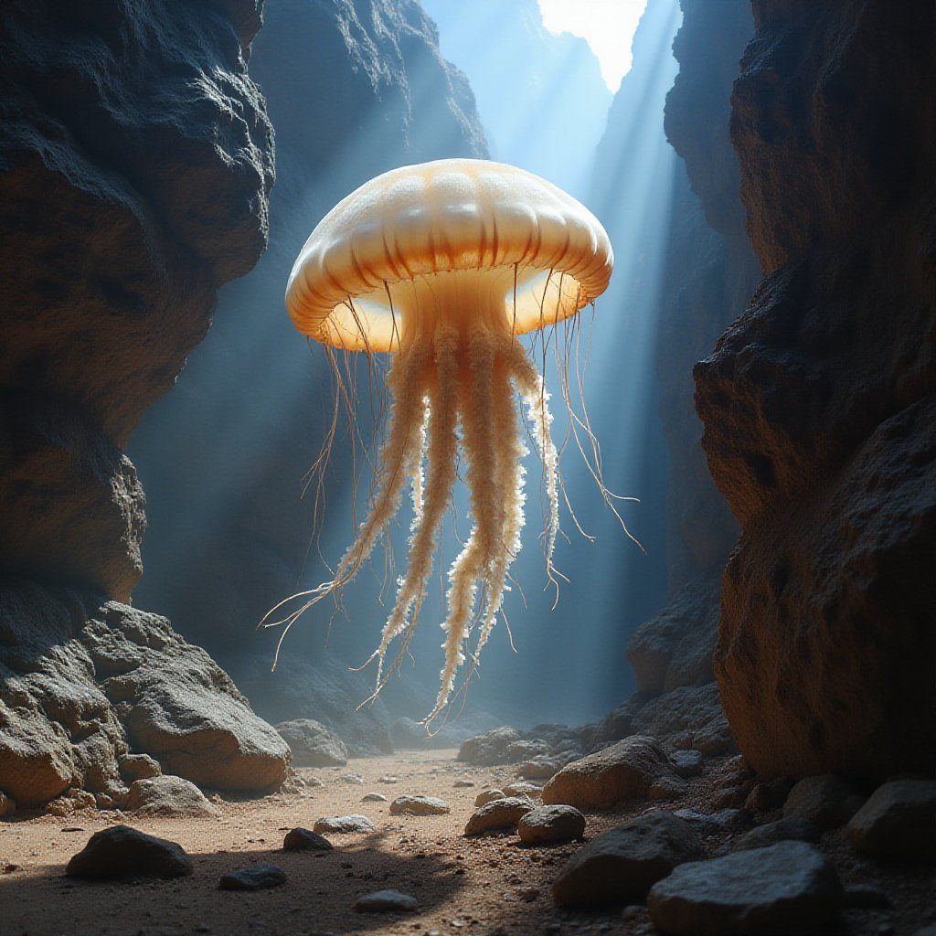 A giant jellyfish floats through a sunlit canyon, its tendrils trailing softly across the rock walls as dust dances in the air