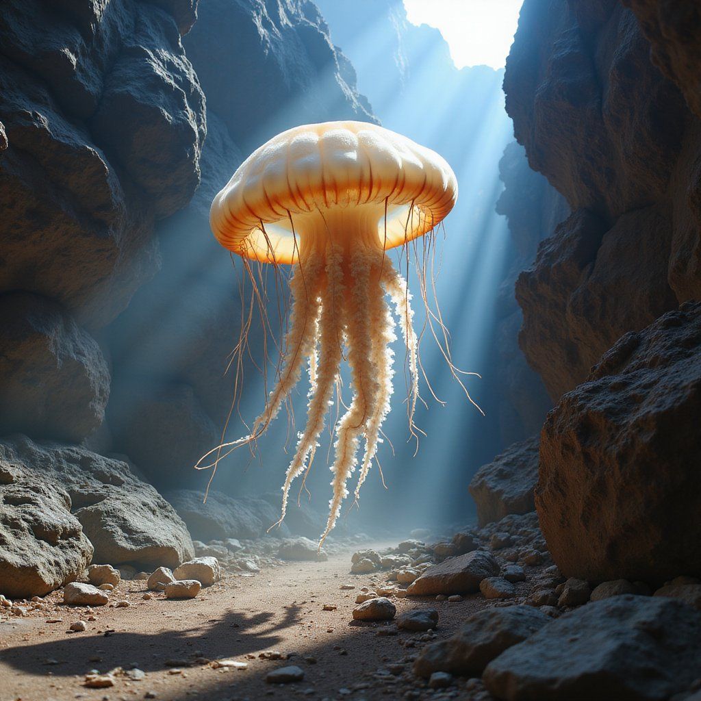 A giant jellyfish floats through a sunlit canyon, its tendrils trailing softly across the rock walls as dust dances in the air