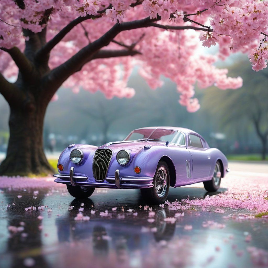 A purple supercar parked under a blooming cherry blossom tree