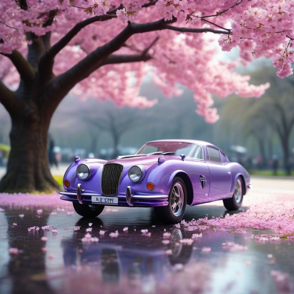 A purple supercar parked under a blooming cherry blossom tree