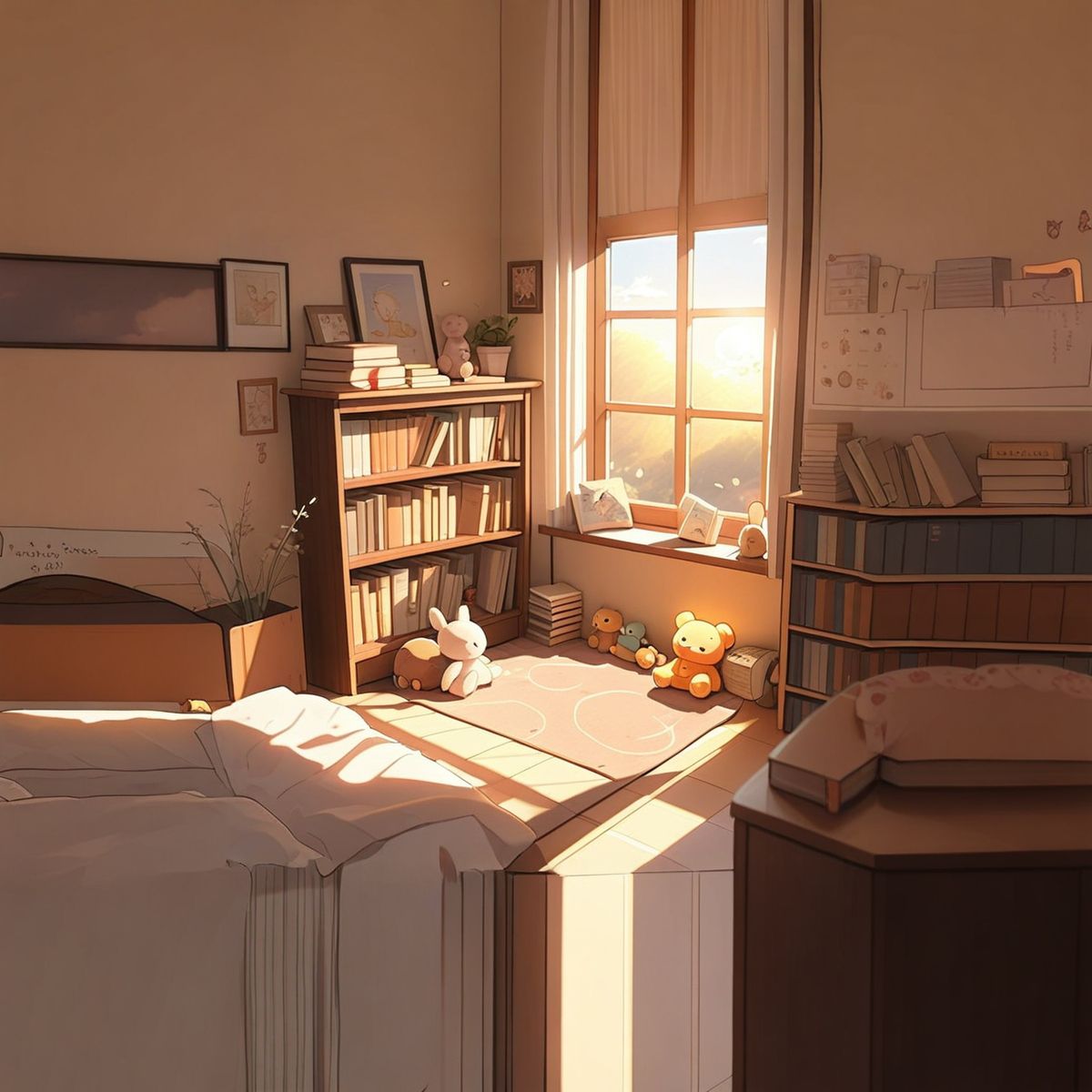 A cozy anime-style bedroom with soft lighting, books stacked near the bed, curtains slightly open to a pastel sky