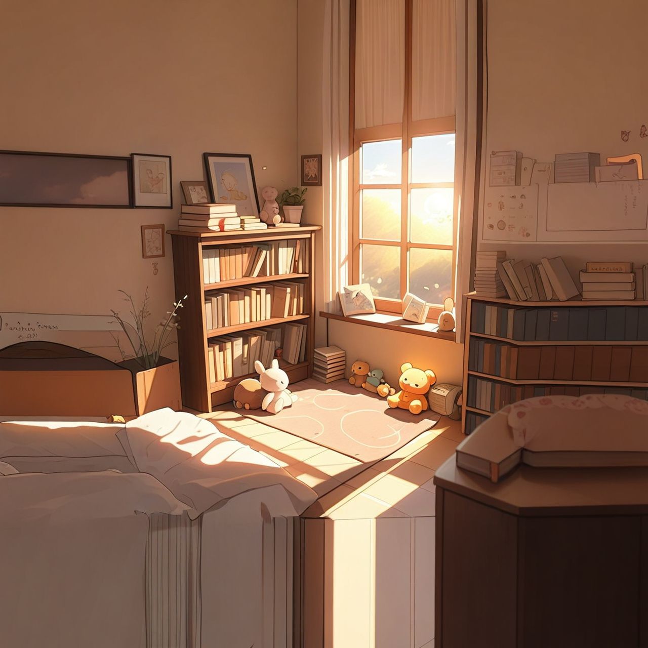 A cozy anime-style bedroom with soft lighting, books stacked near the bed, curtains slightly open to a pastel sky