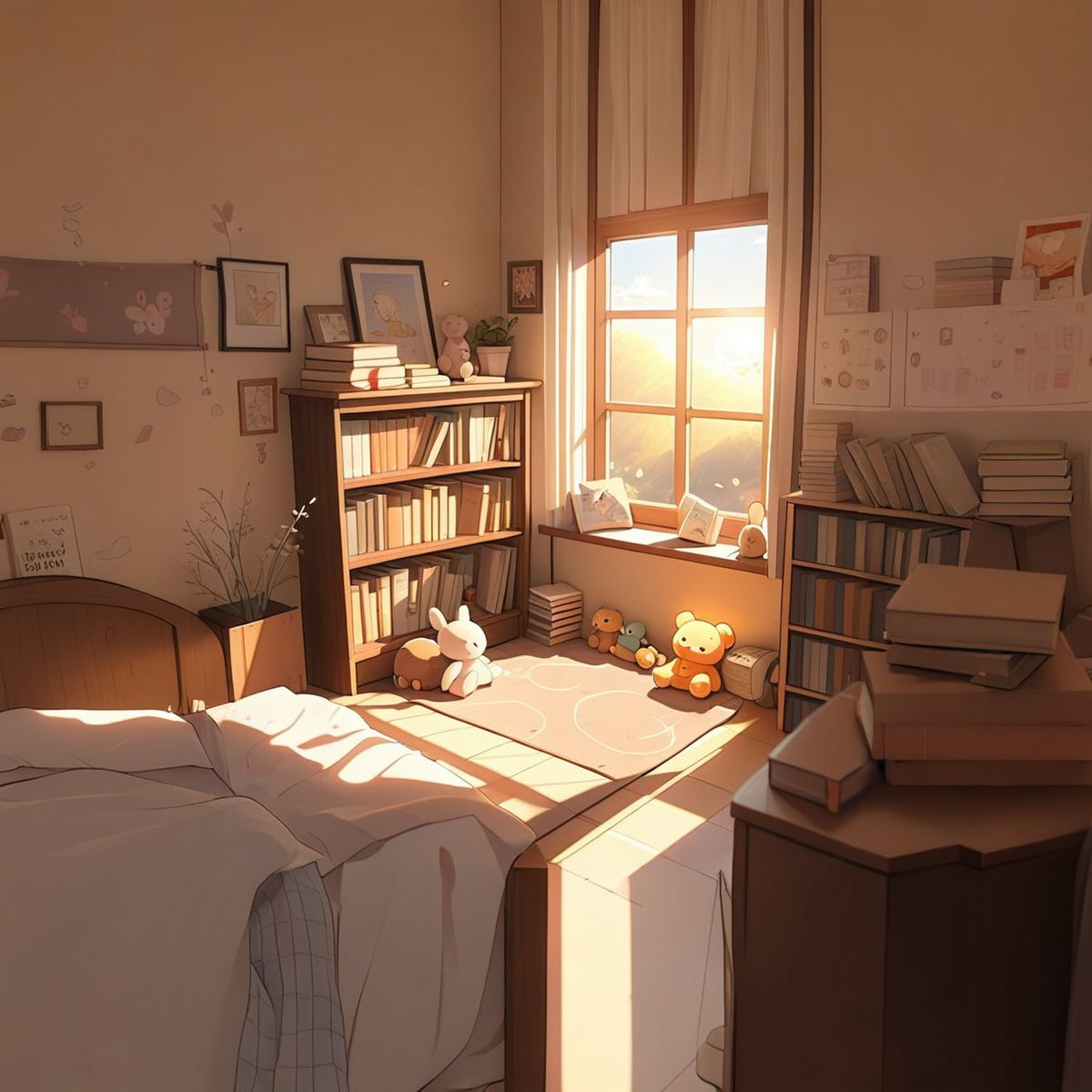 A cozy anime-style bedroom with soft lighting, books stacked near the bed, curtains slightly open to a pastel sky