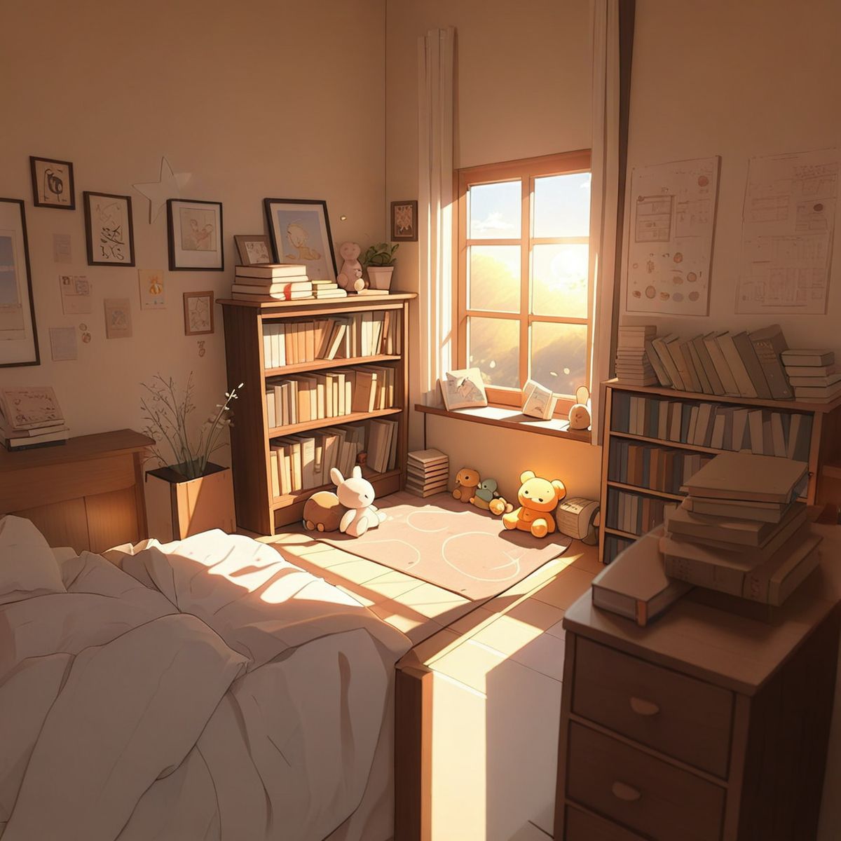 A cozy anime-style bedroom with soft lighting, books stacked near the bed, curtains slightly open to a pastel sky