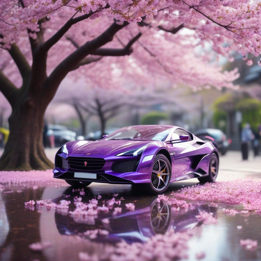 A purple supercar parked under a blooming cherry blossom tree