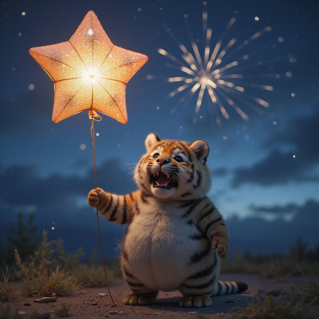 A chubby tiger holding a sparkly balloon shaped like a star, standing in front of a night sky filled with fireworks