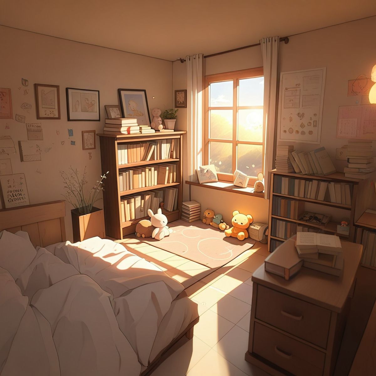A cozy anime-style bedroom with soft lighting, books stacked near the bed, curtains slightly open to a pastel sky
