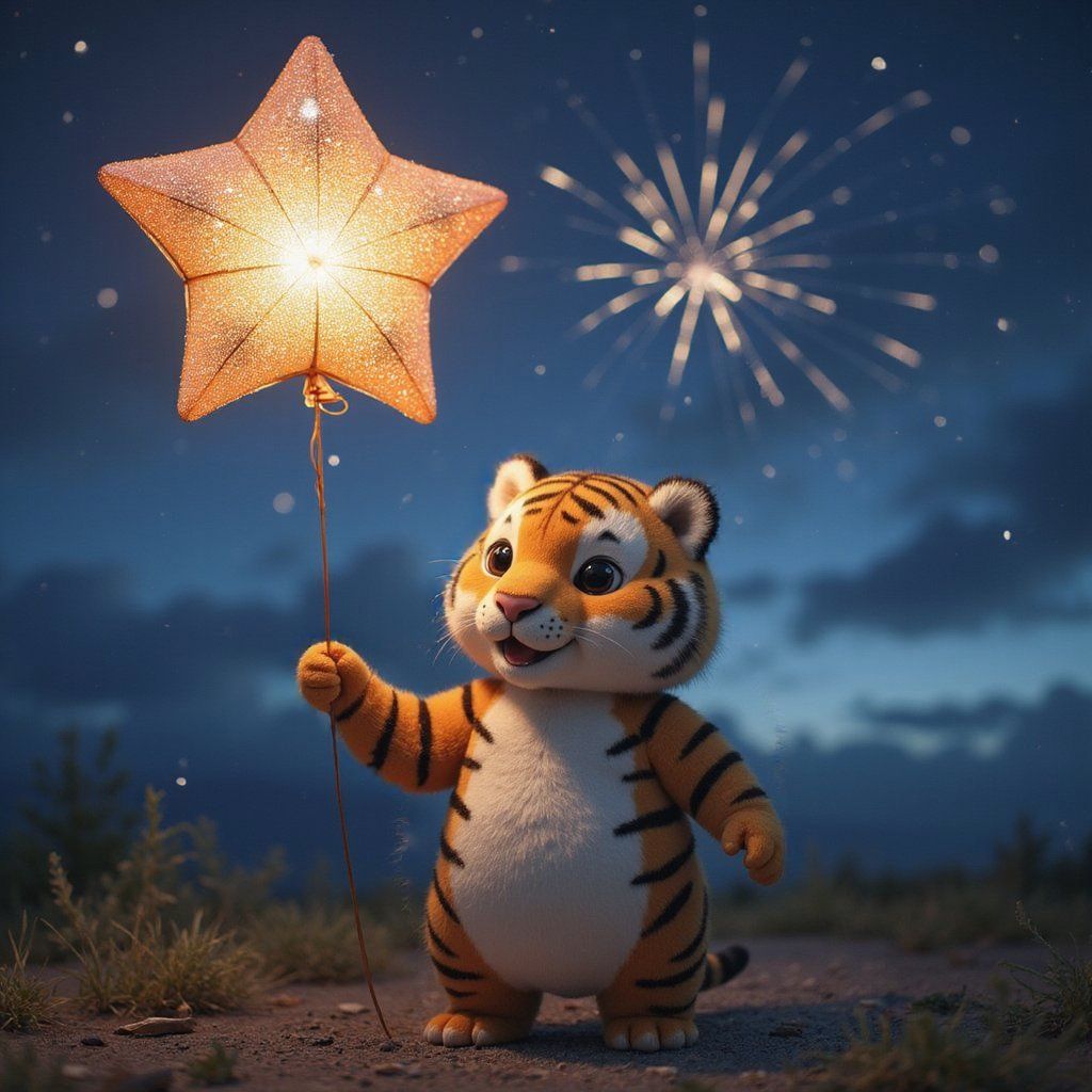 A chubby tiger holding a sparkly balloon shaped like a star, standing in front of a night sky filled with fireworks