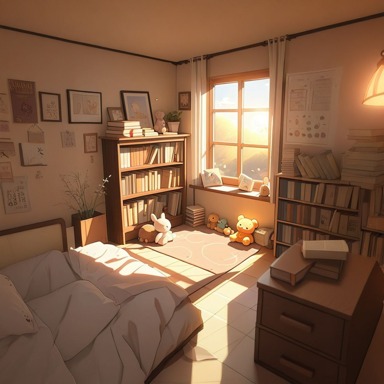 A cozy anime-style bedroom with soft lighting, books stacked near the bed, curtains slightly open to a pastel sky