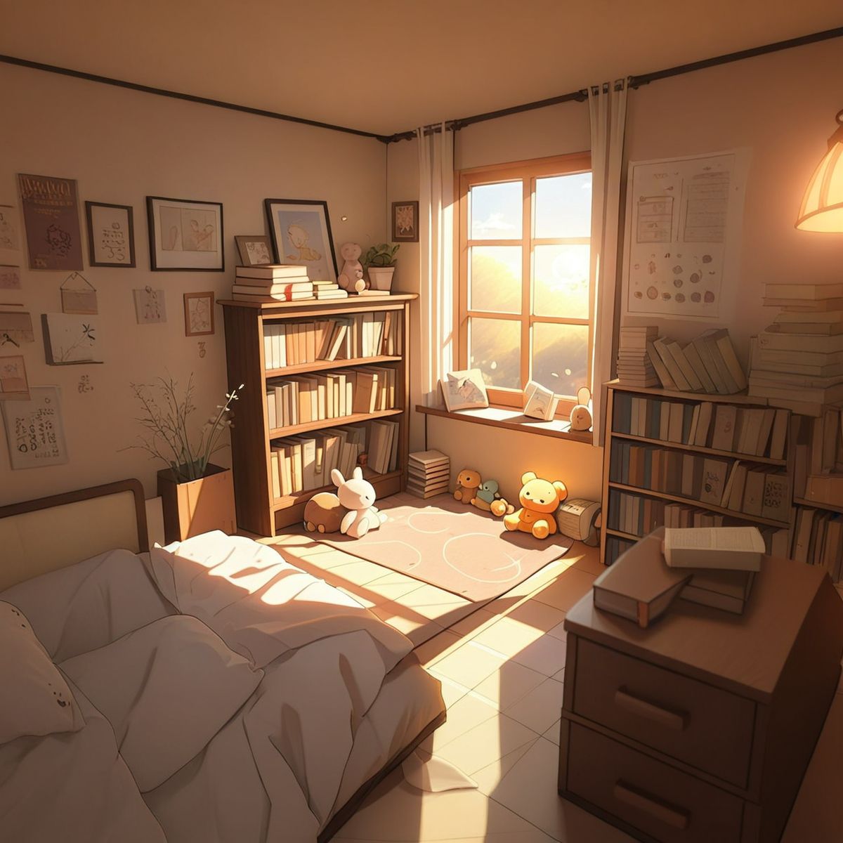 A cozy anime-style bedroom with soft lighting, books stacked near the bed, curtains slightly open to a pastel sky