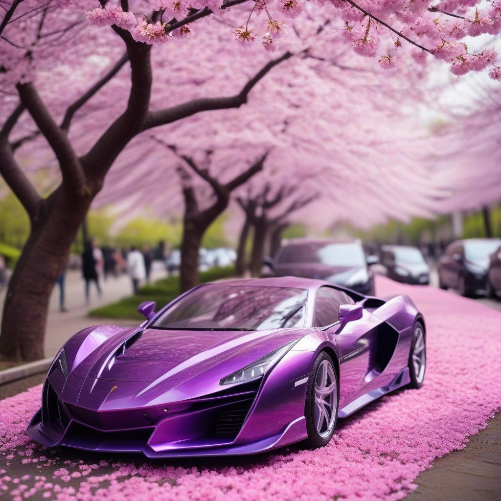 A purple supercar parked under a blooming cherry blossom tree