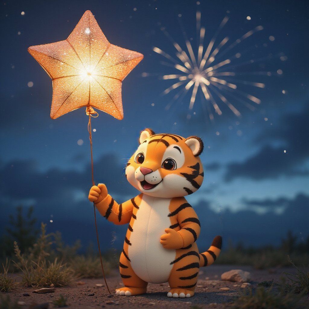 A chubby tiger holding a sparkly balloon shaped like a star, standing in front of a night sky filled with fireworks