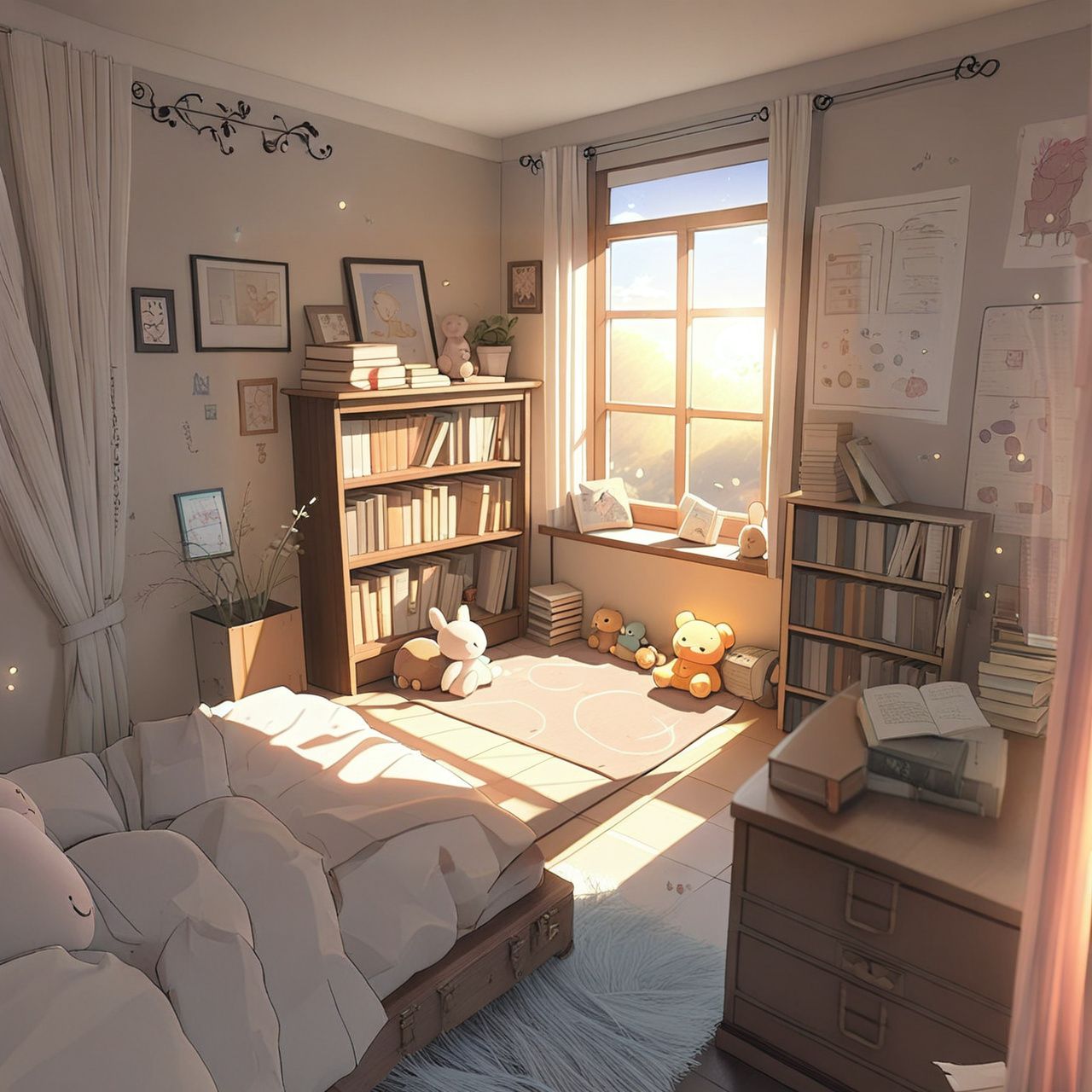 A cozy anime-style bedroom with soft lighting, books stacked near the bed, curtains slightly open to a pastel sky