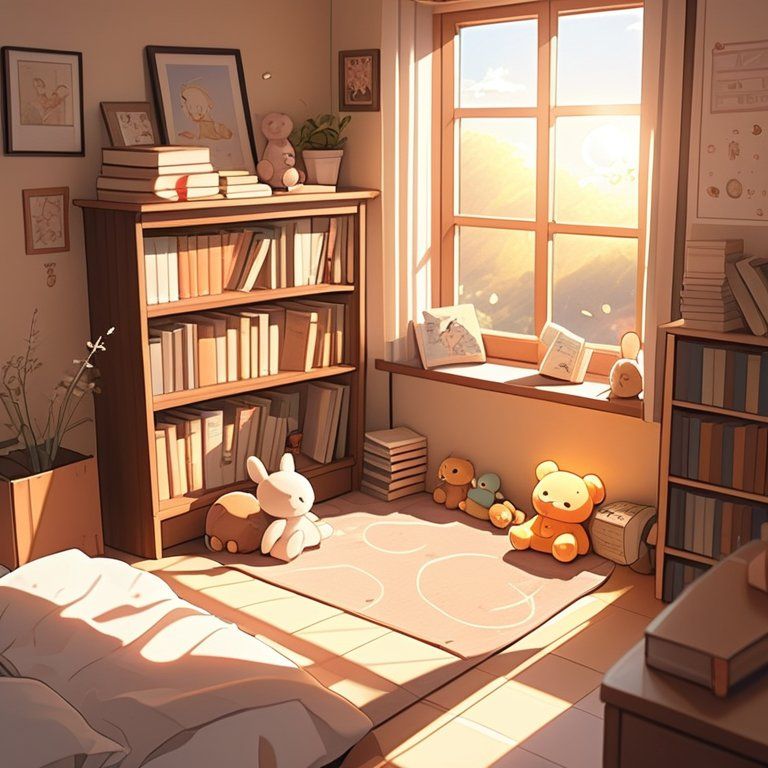 A cozy anime-style bedroom with soft lighting, books stacked near the bed, curtains slightly open to a pastel sky