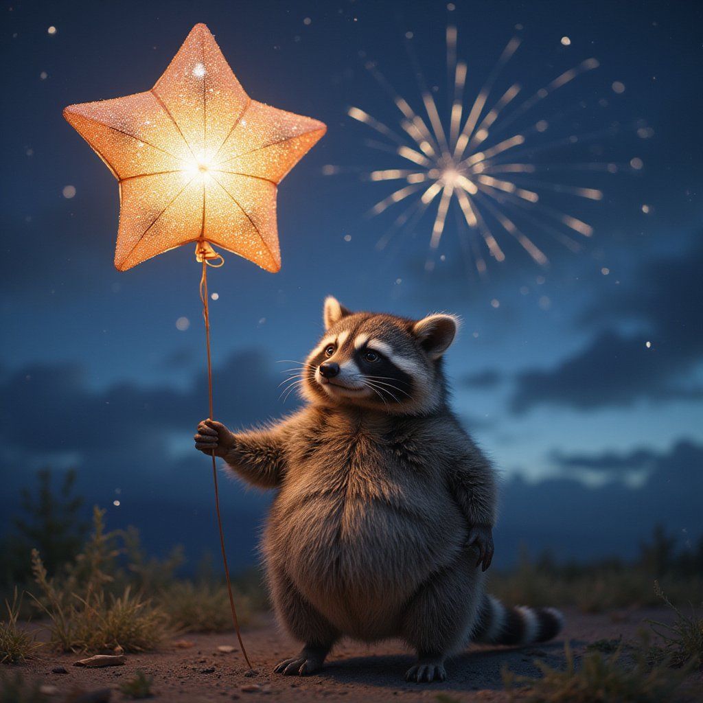 A chubby raccoon holding a sparkly balloon shaped like a star, standing in front of a night sky filled with fireworks