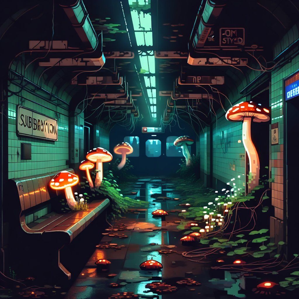 An abandoned subway station overtaken by glowing mushrooms and vines, dim light flickering from old signs. Moody, mysterious, post-apocalyptic