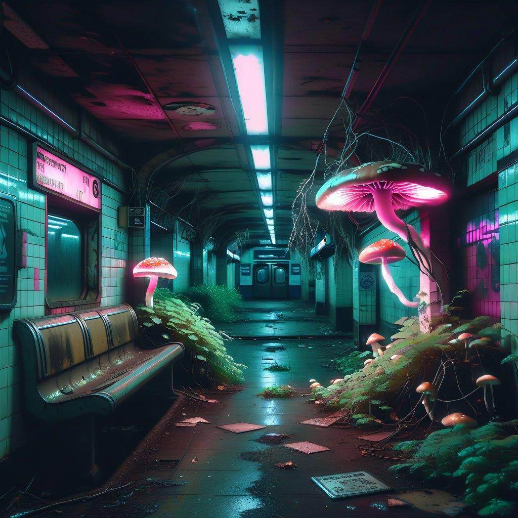 An abandoned subway station overtaken by glowing mushrooms and vines, dim light flickering from old signs. Moody, mysterious, post-apocalyptic