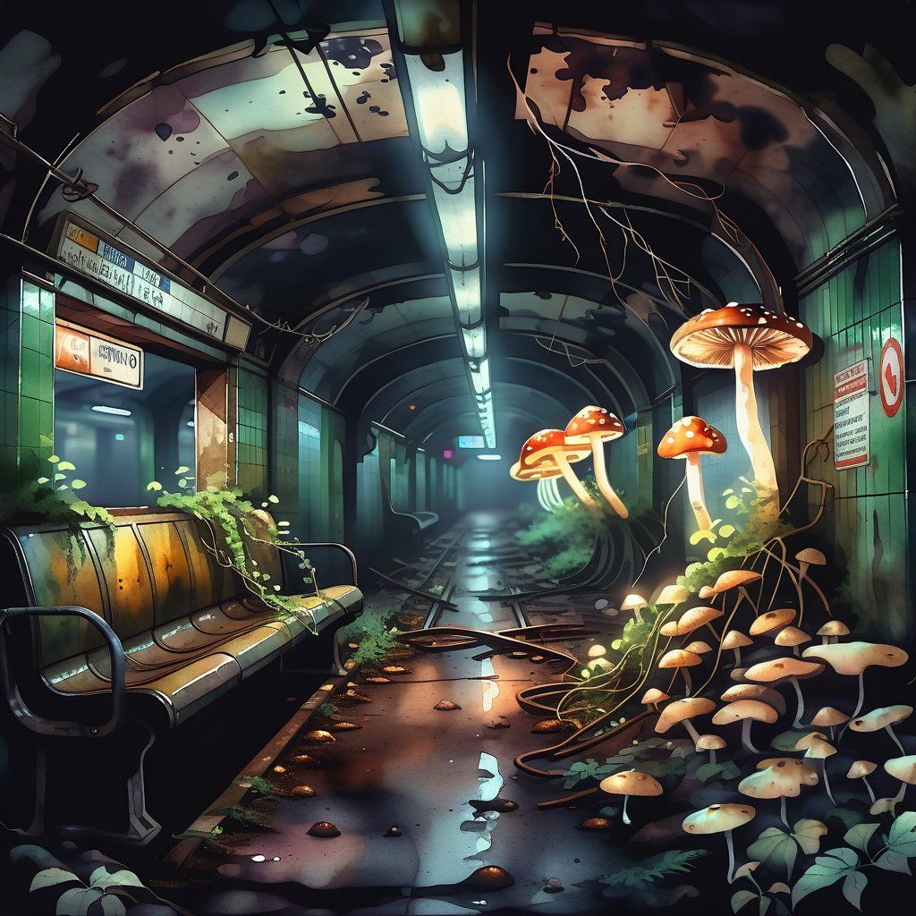 An abandoned subway station overtaken by glowing mushrooms and vines, dim light flickering from old signs. Moody, mysterious, post-apocalyptic