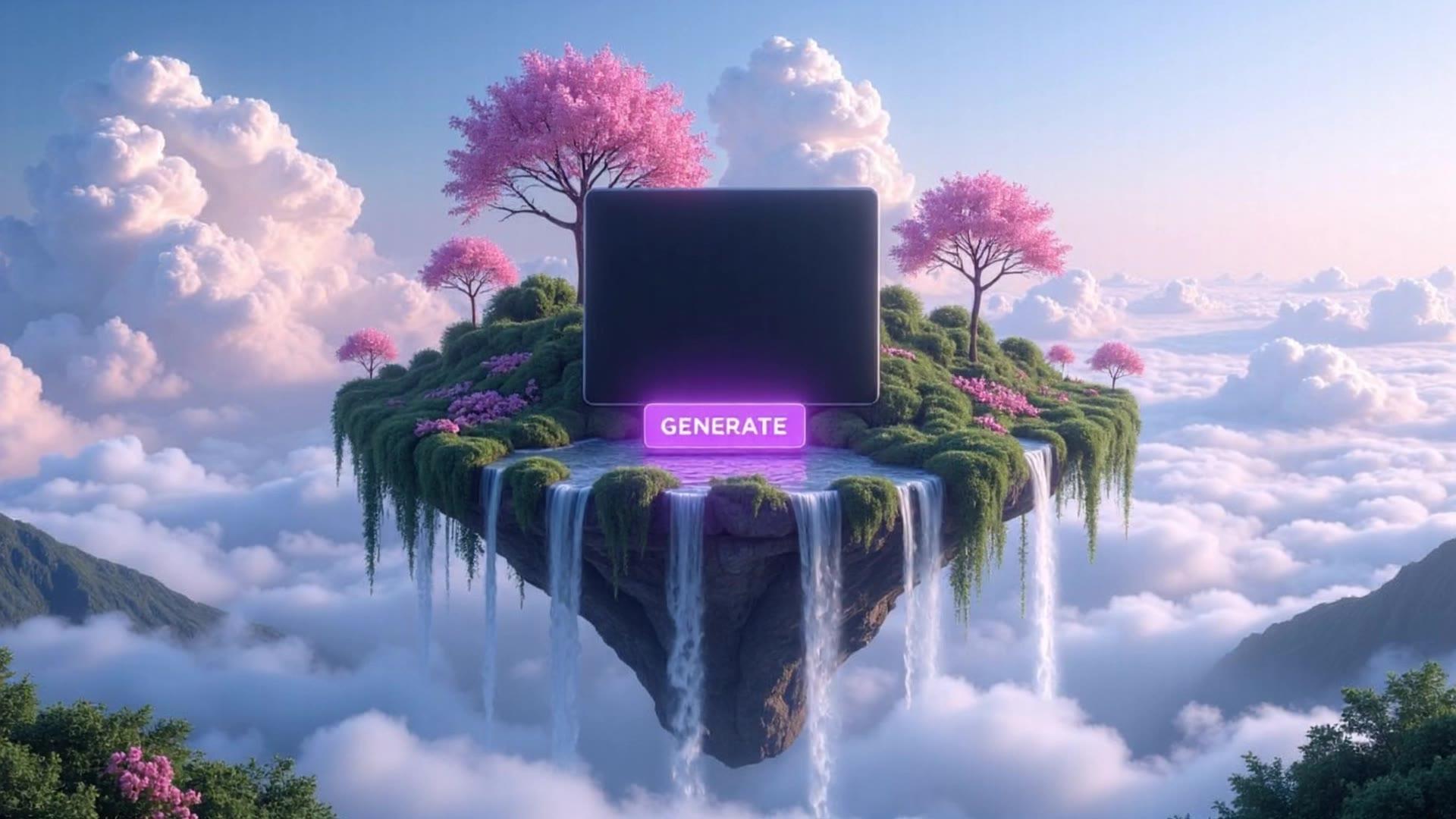 A floating island with waterfalls, pink trees, and a glowing 'GENERATE' button in front of a dark screen, surrounded by clouds
