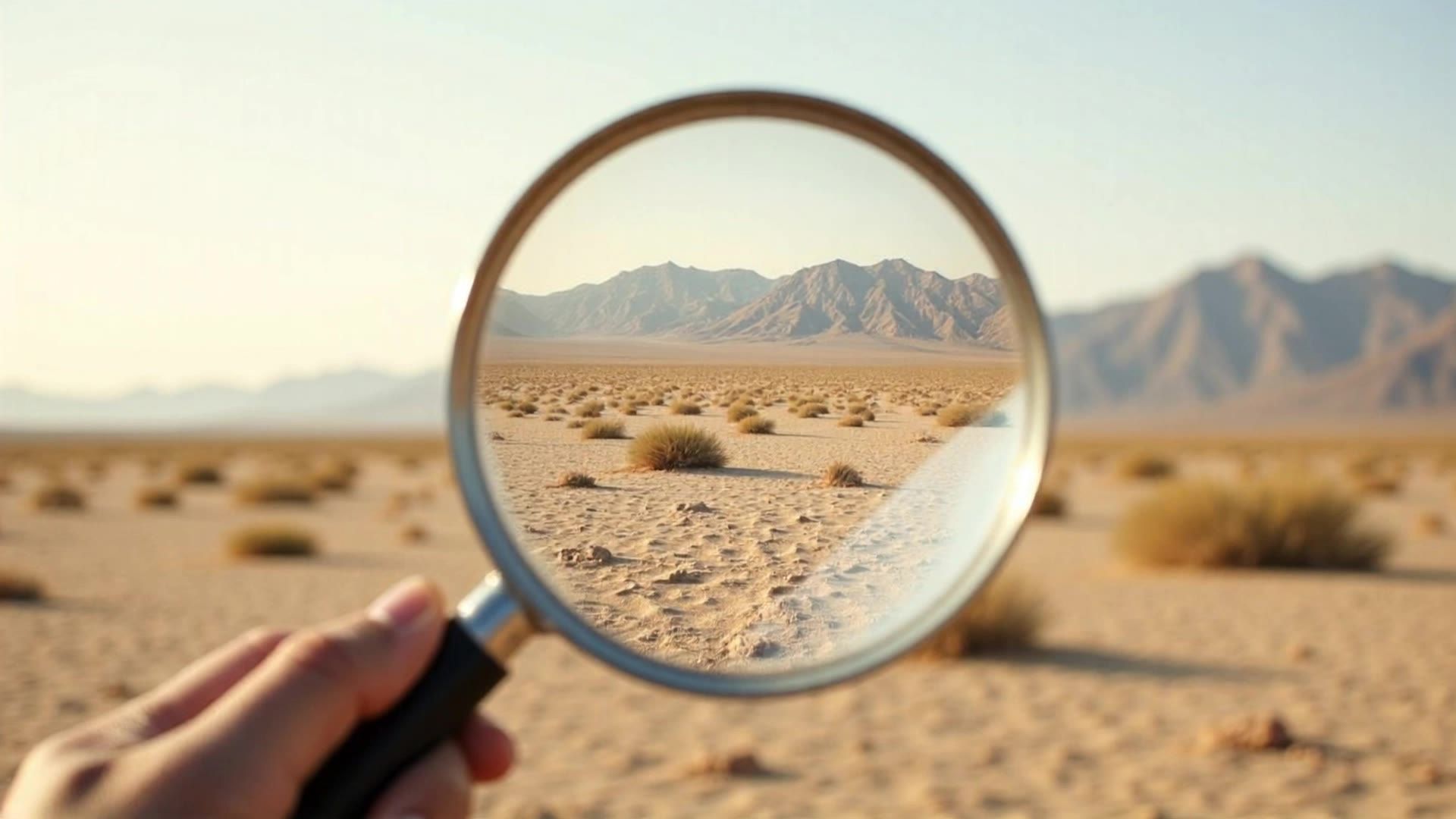 Hand holding a magnifying glass over a desert scene, making a portion of the distant landscape appear in sharper detail