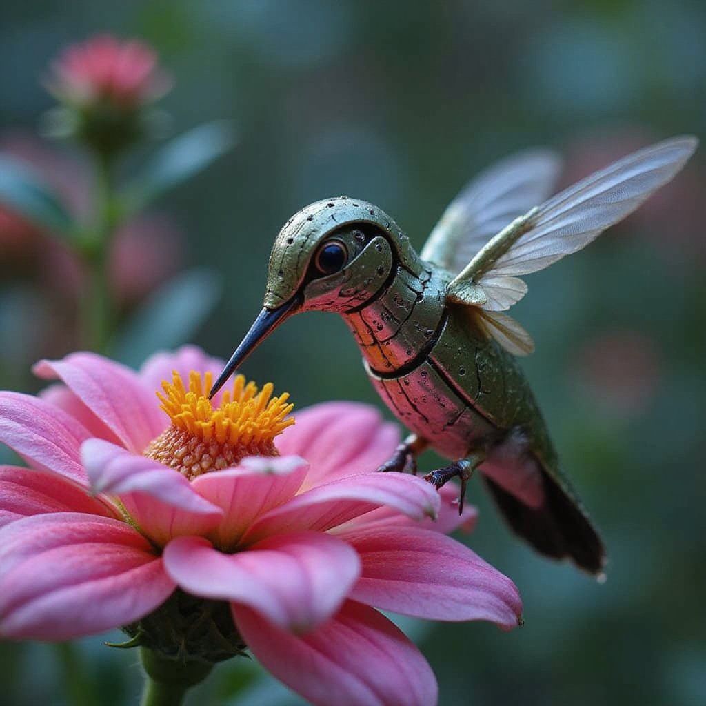 A close-up of a mechanical hummingbird drinking from a neon flower. Tiny gears visible, soft depth of field, futuristic nature