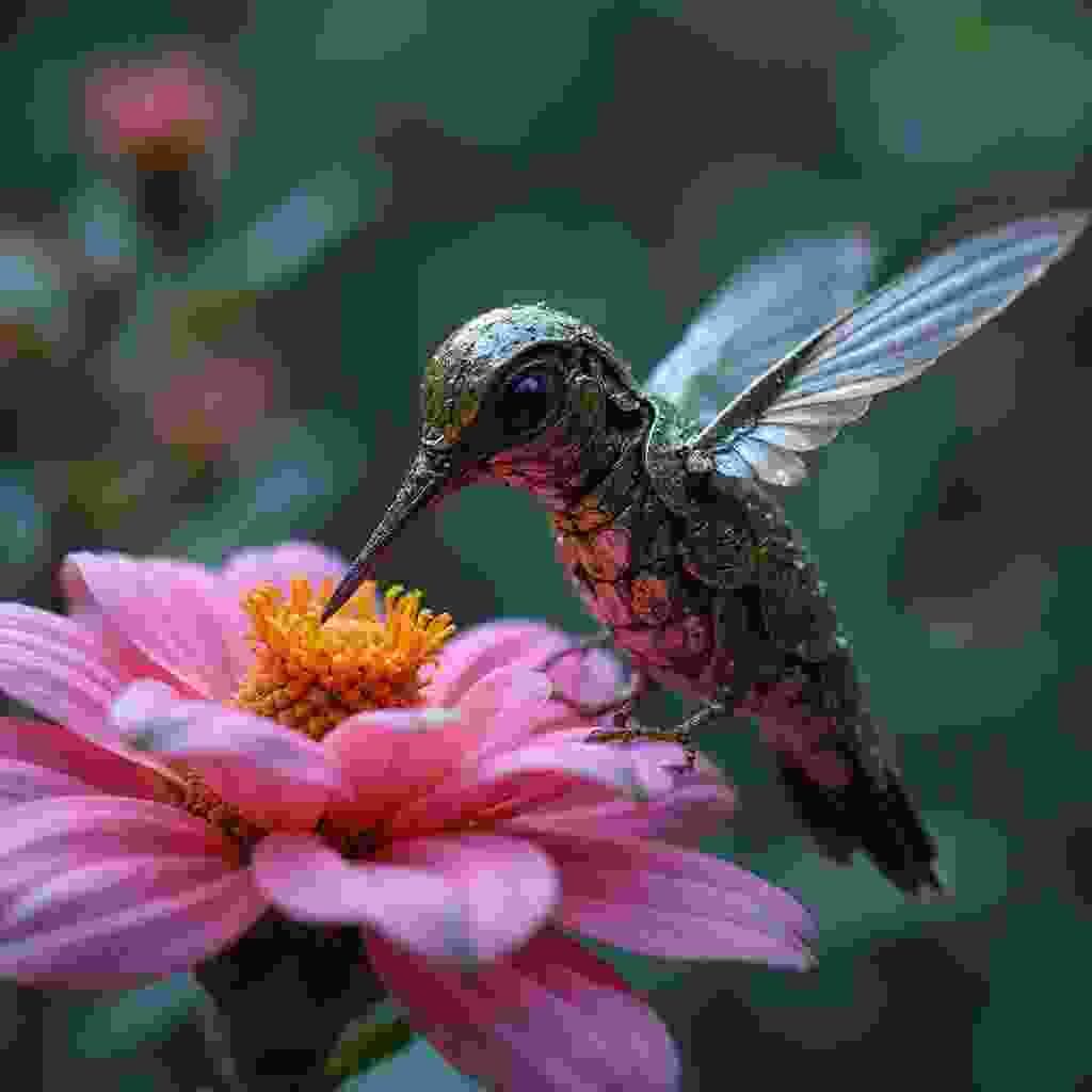 A close-up of a mechanical hummingbird drinking from a neon flower. Tiny gears visible, soft depth of field, futuristic nature