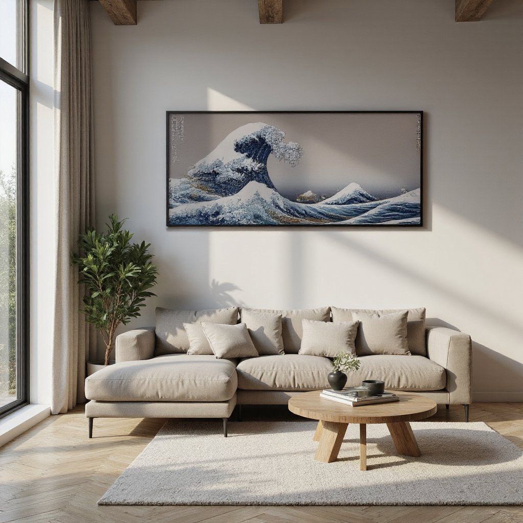 A modern living room with a sofa and coffee table, The Great Wave Off Kanagawa painting with a black frame, clean and minimal layout, sunlight coming in from the side
