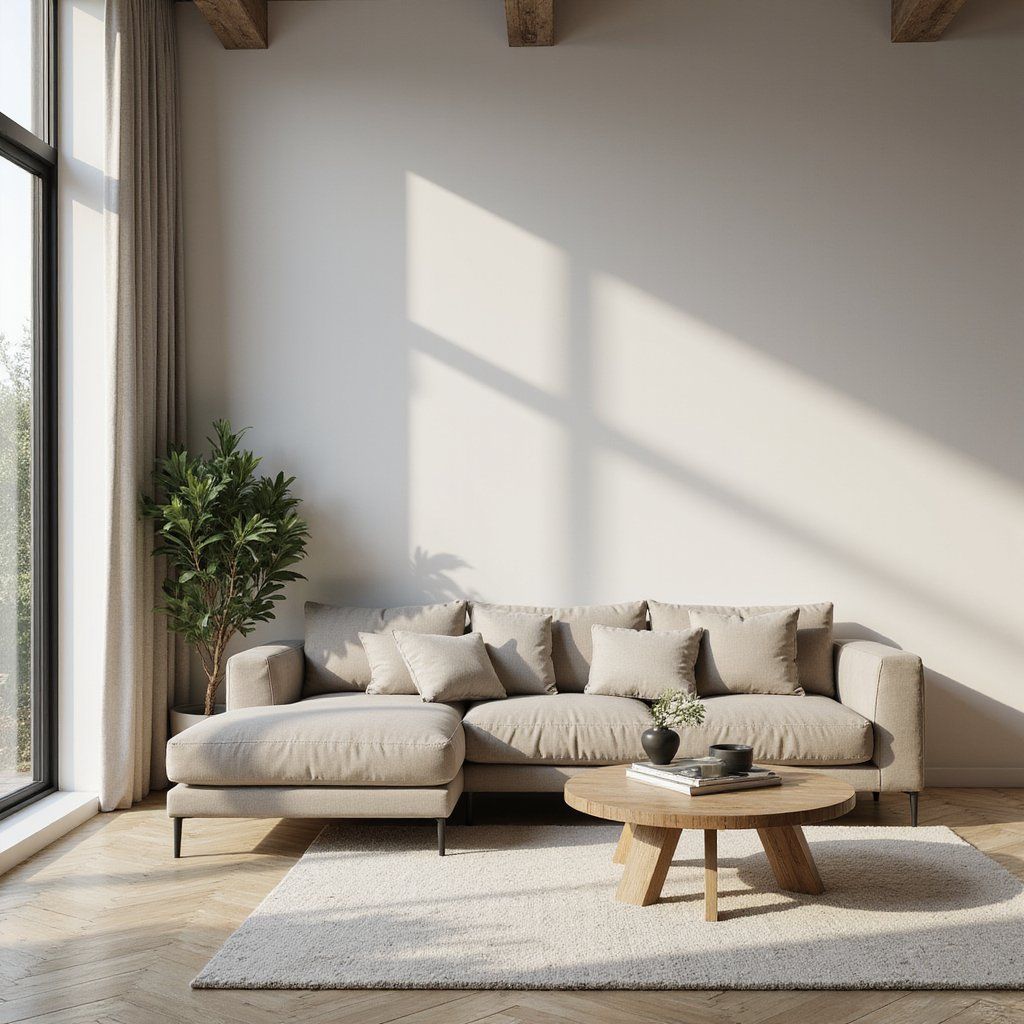 A modern living room with a sofa and coffee table, clean and minimal layout, sunlight coming in from the side