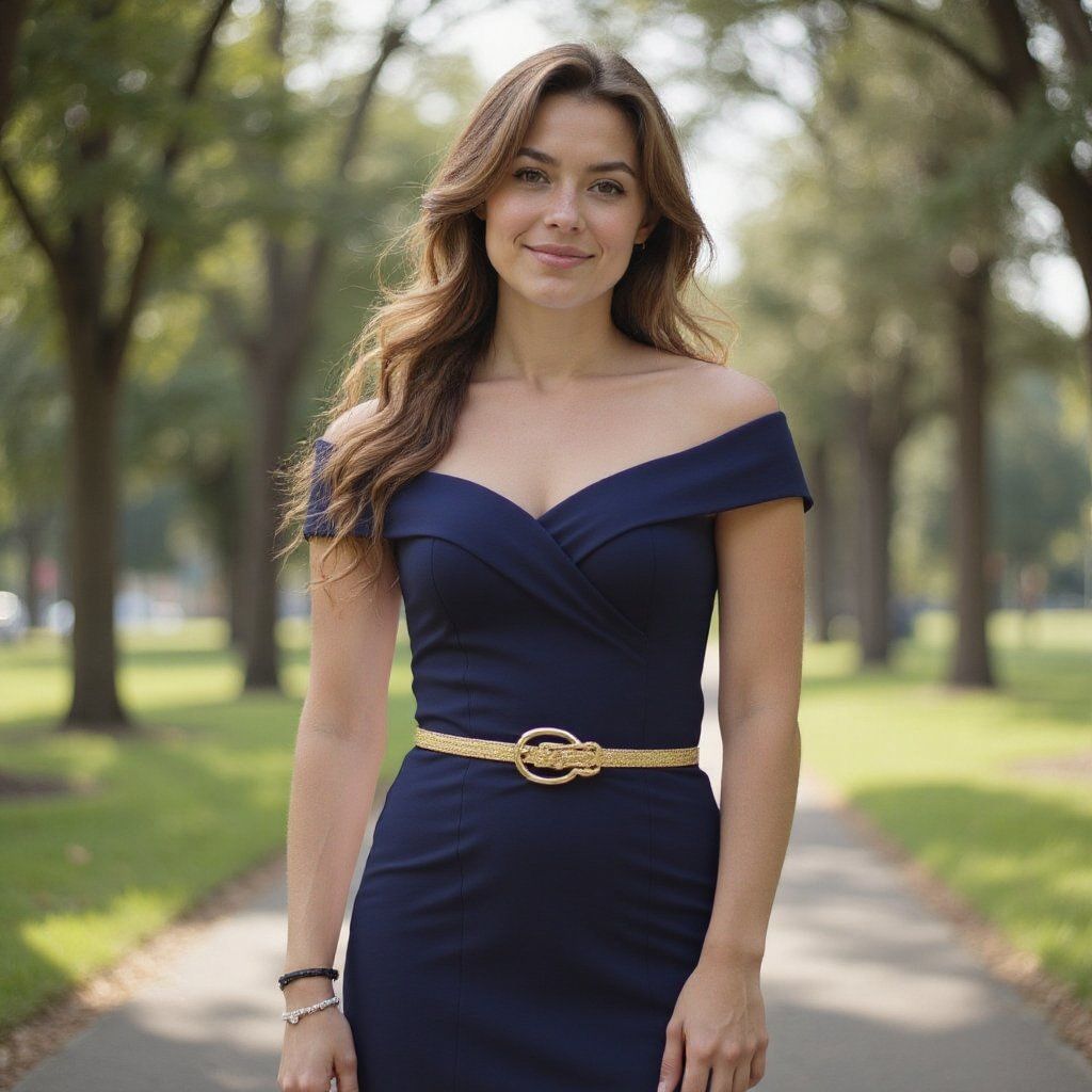 A full-body photo of a woman wearing an elegant dark blue dress with a golden belt, standing outdoors in soft daylight, looking at the camera