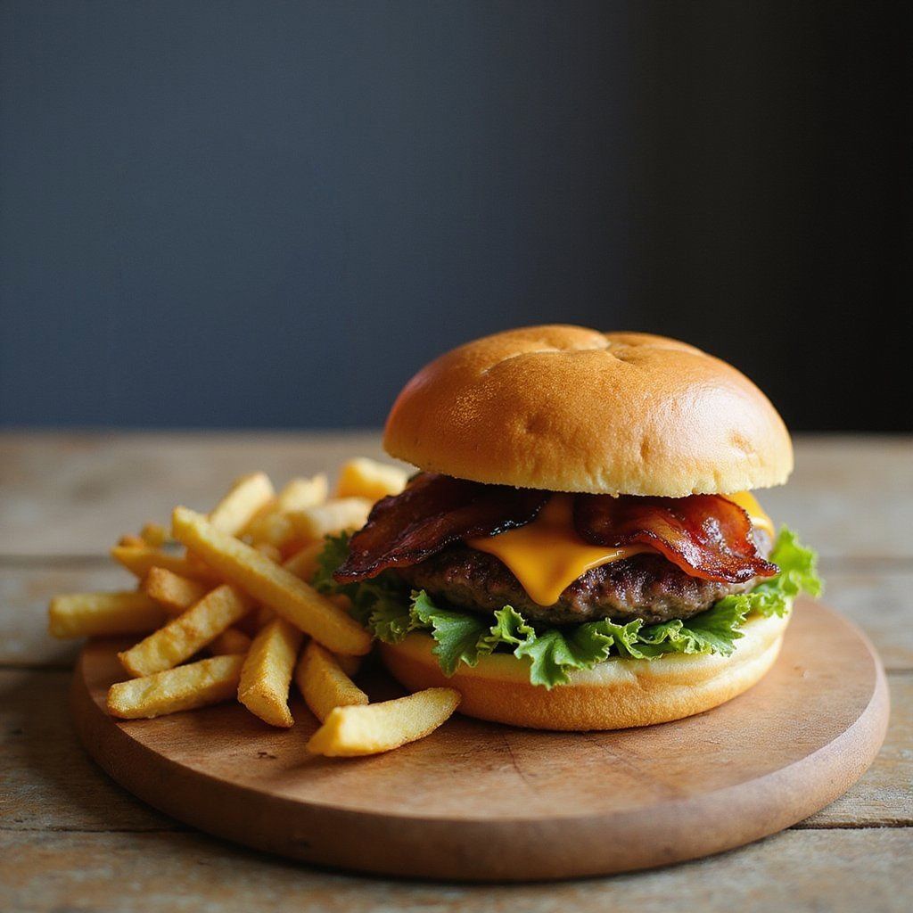 A juicy cheeseburger with bacon, fries on a wooden board, soft natural lighting