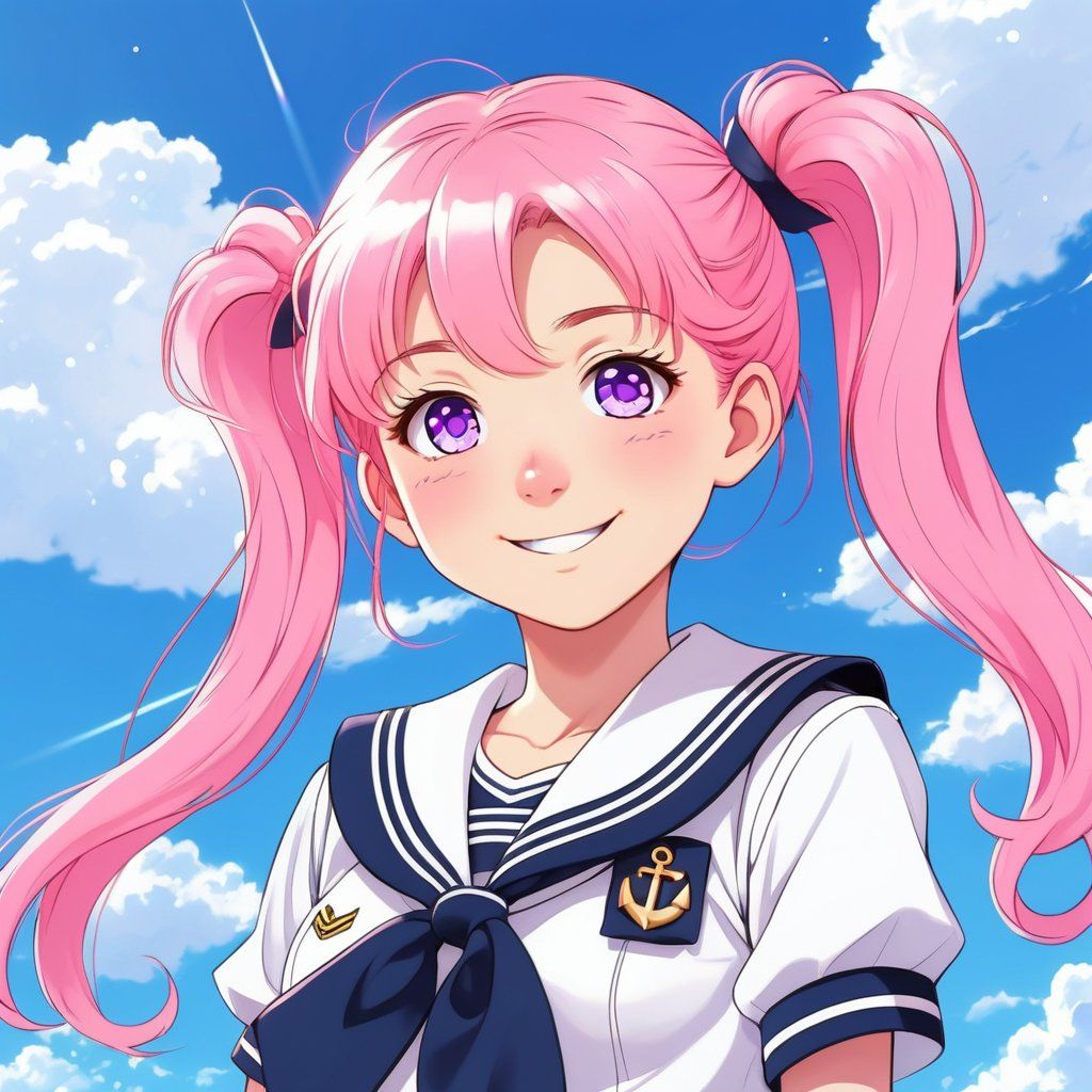 Anime-style girl with pink twin tails and violet eyes, wearing a sailor school uniform, smiling against a bright blue sky with fluffy clouds