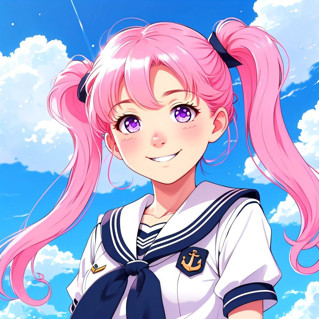 Anime-style girl with pink twin tails and violet eyes, wearing a sailor school uniform, smiling against a bright blue sky with fluffy clouds