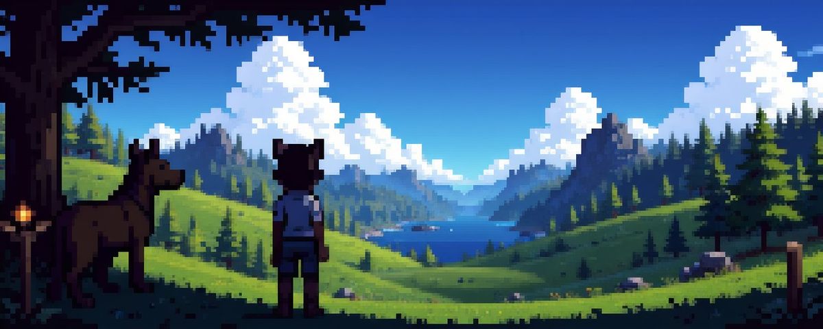 Pixel-art scene of a cat-like character and a horse standing on a hill, overlooking a bright green valley with a lake and snow-capped mountains in the distance