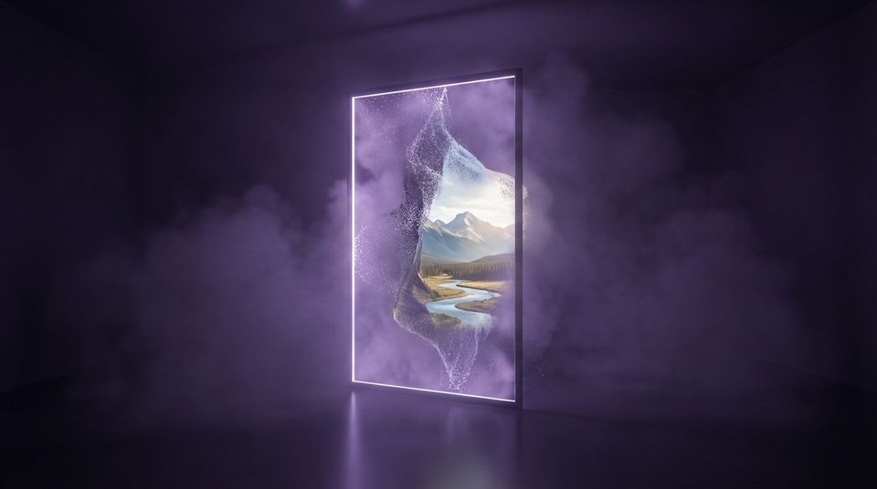 Floating luminous rectangular portal in a dark violet void chamber, particles inside forming a detailed landscape