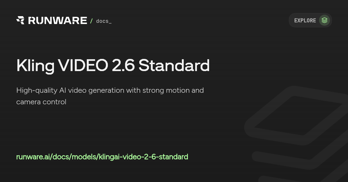 Kling VIDEO 2.6 Standard API Examples | Runware Docs