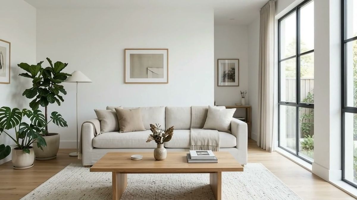 The living room from closer in, the sofa and coffee table filling more of the frame