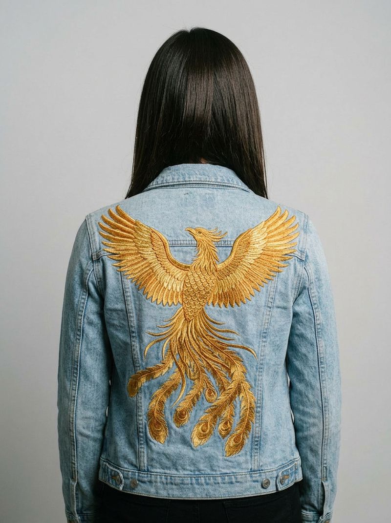 The back of the same denim jacket showing a large golden embroidered phoenix